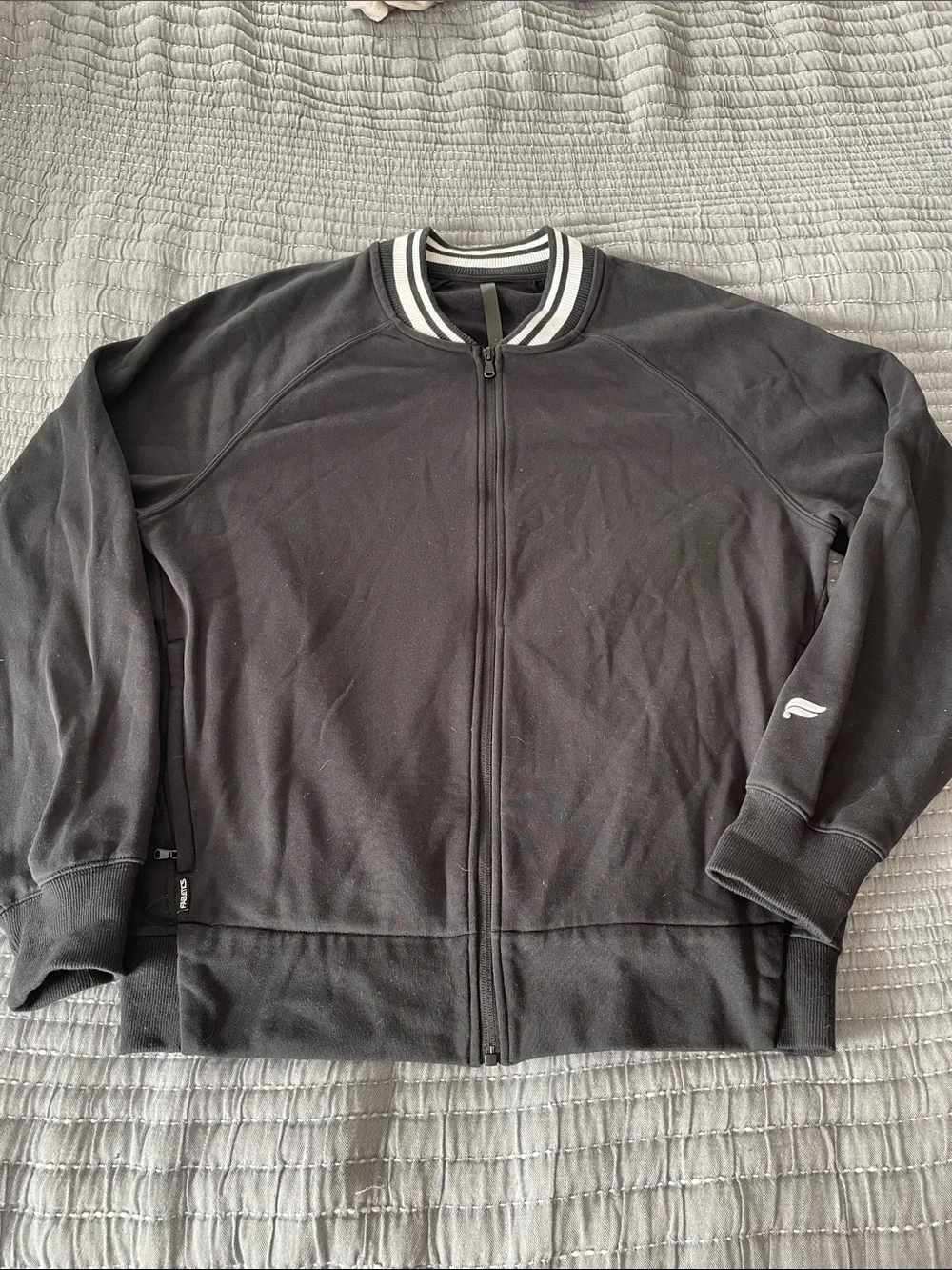 Fabletics Black Full-Zip Bomber Jacket with Stripe Collar